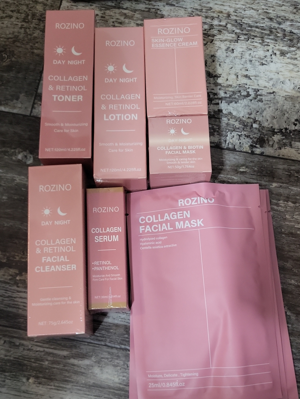 Rozino Pink Collagen Facial Mask & Skincare Set - Hydrating Day/Night Routine
